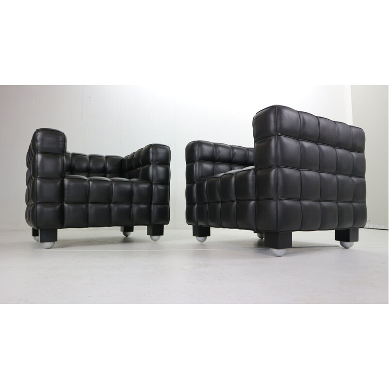 Paire de Fauteuils "Kubus" vintage en cuir noir de Josef Hoffmann, pour Wittman 1910