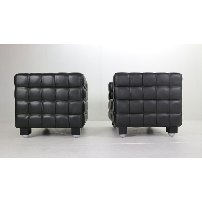 Paire de Fauteuils "Kubus" vintage en cuir noir de Josef Hoffmann, pour Wittman 1910