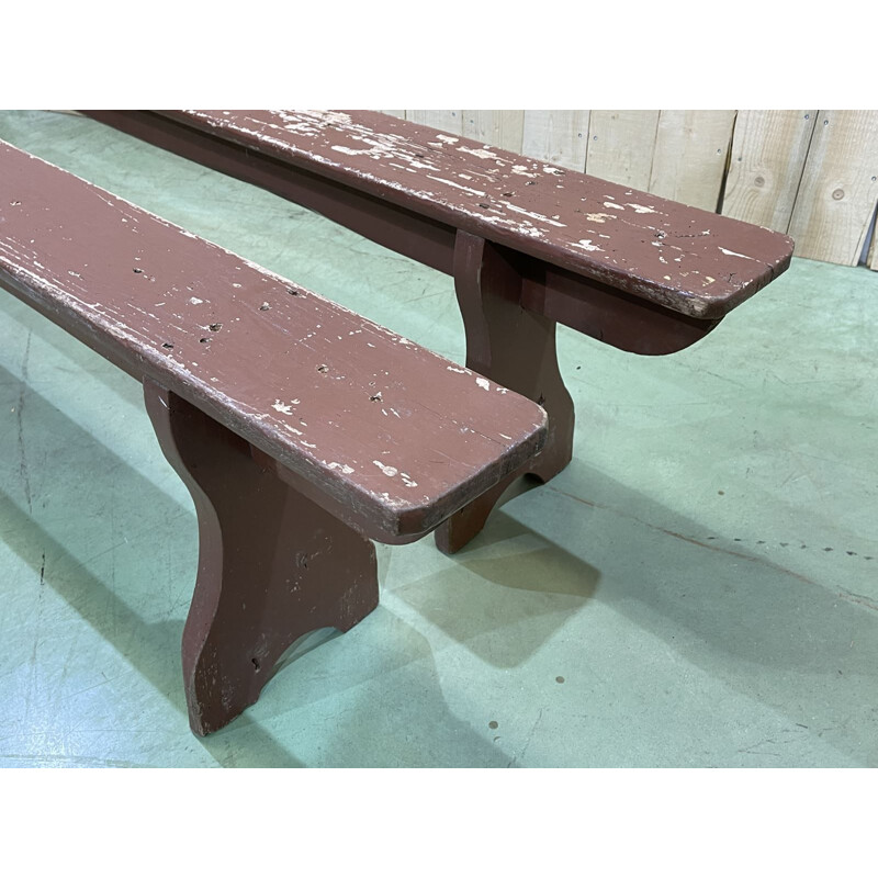 Paire de bancs de table vintage de ferme en pin 1930