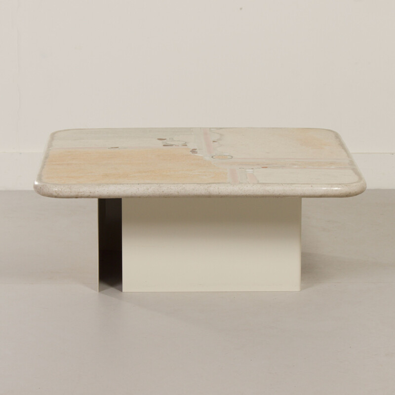 Table basse vintage en pierre naturelle blanche par Paul Kingma, 1980