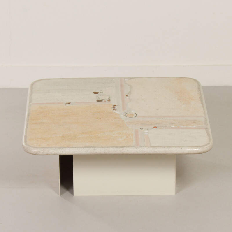 Table basse vintage en pierre naturelle blanche par Paul Kingma, 1980
