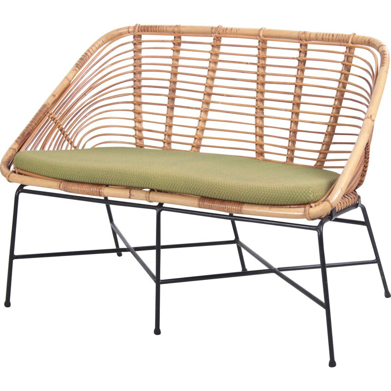 Vintage rattan sofa with lime green cushion 1960s