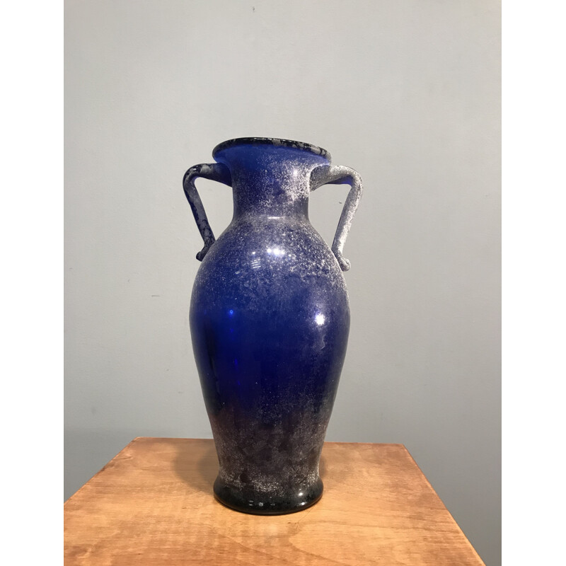 Vase vintage en verre bleu colbat Italie 1935