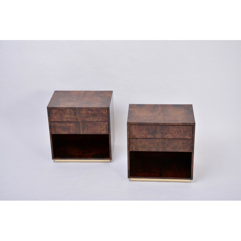 Vintage bedside tables in lacquered goat skin brown by Aldo Tura