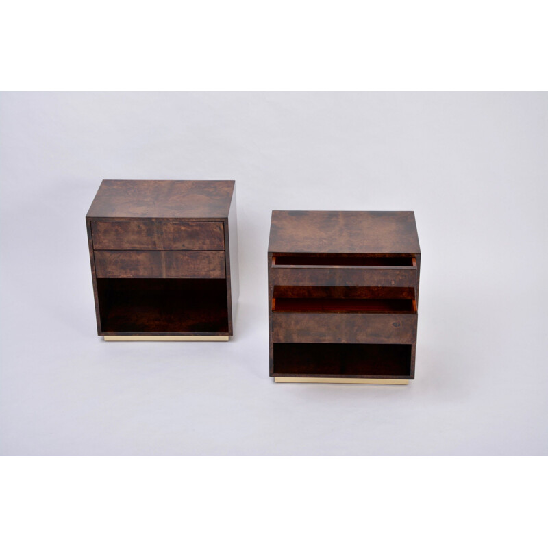 Vintage bedside tables in lacquered goat skin brown by Aldo Tura