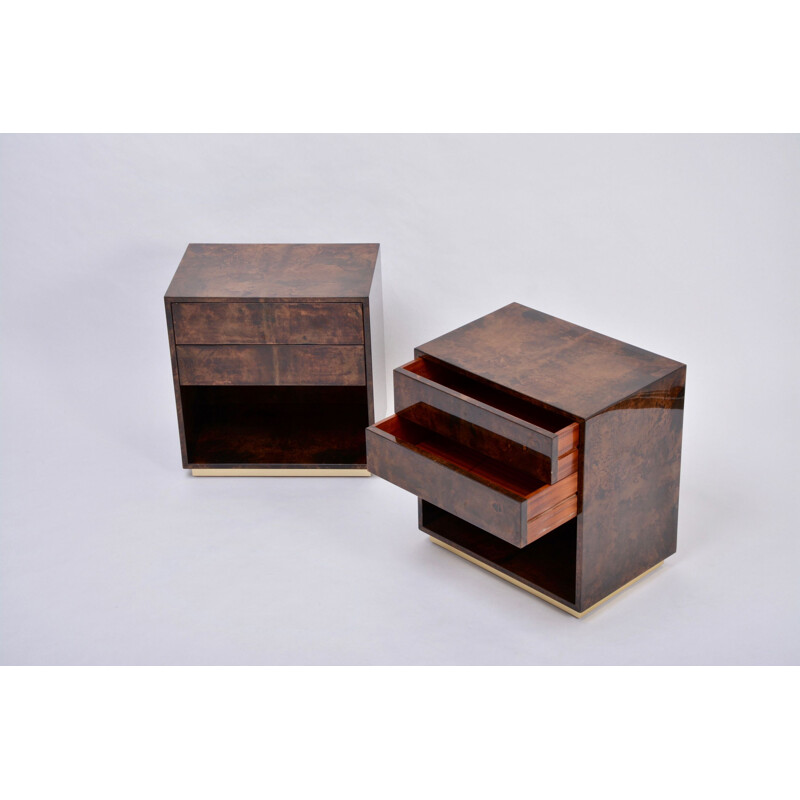 Vintage bedside tables in lacquered goat skin brown by Aldo Tura