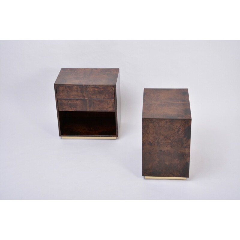 Vintage bedside tables in lacquered goat skin brown by Aldo Tura