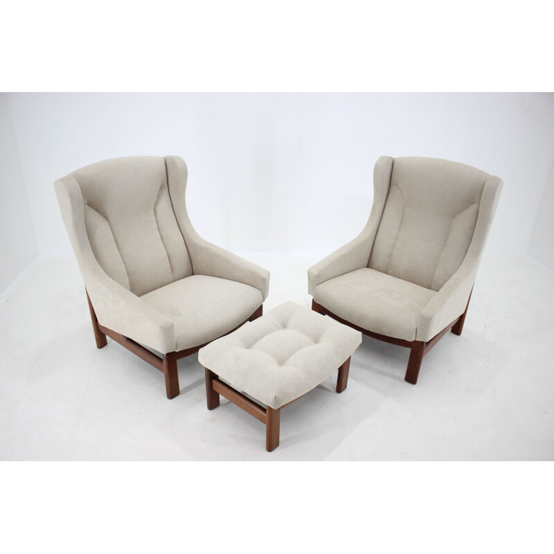 Pair of vintage armchairs and stool Czechoslovakia 1970s