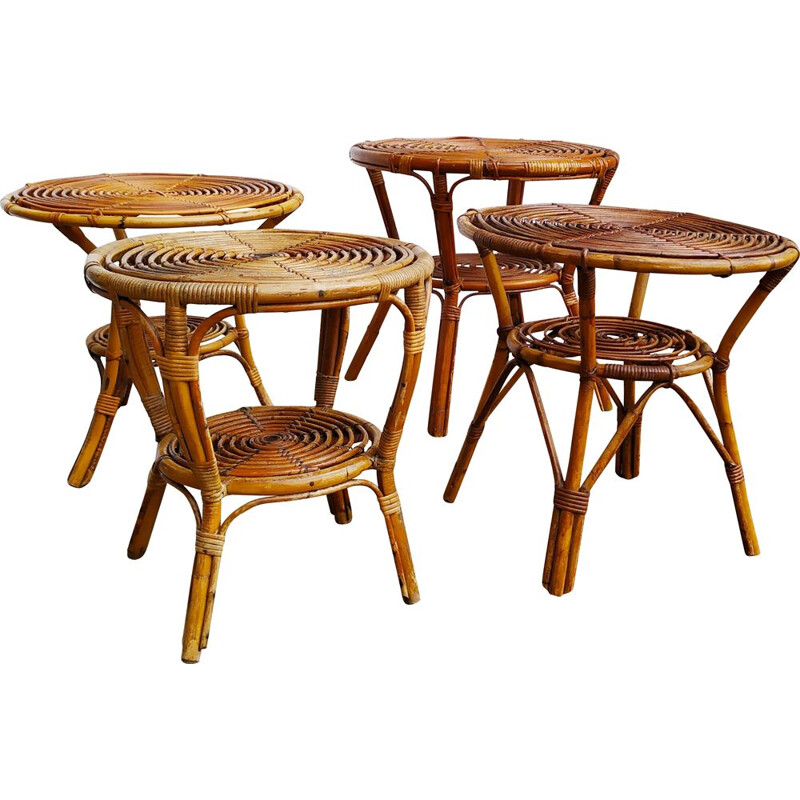 Set van 4 vintage ronde rieten tafels van 1950