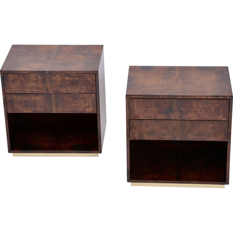 Vintage bedside tables in lacquered goat skin brown by Aldo Tura