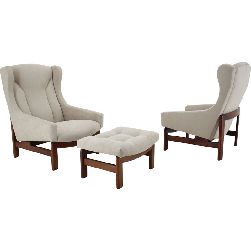 Pair of vintage armchairs and stool Czechoslovakia 1970s