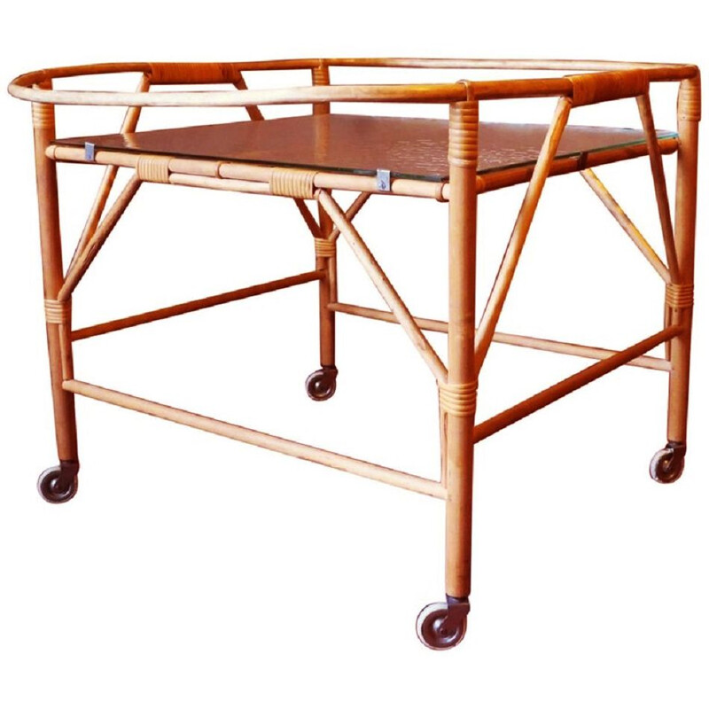 Vintage bamboo and frosted glass serving cart, 1960