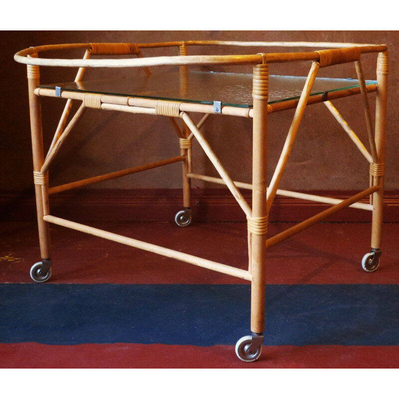 Vintage bamboo and frosted glass serving cart, 1960