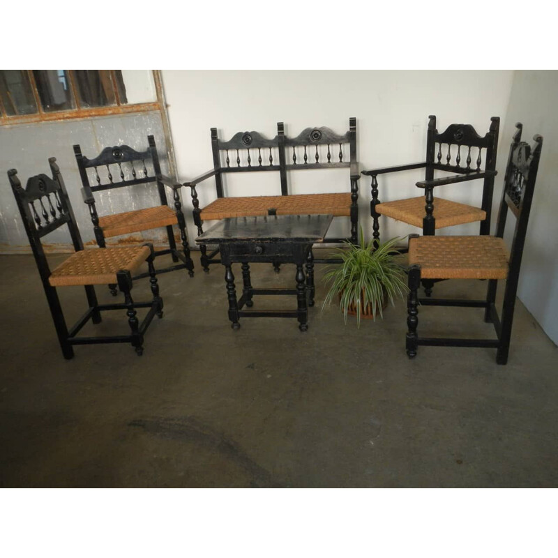 Ensemble de 2 fauteuils 2 chaises 1 table d'appoint et 1 banc vintage