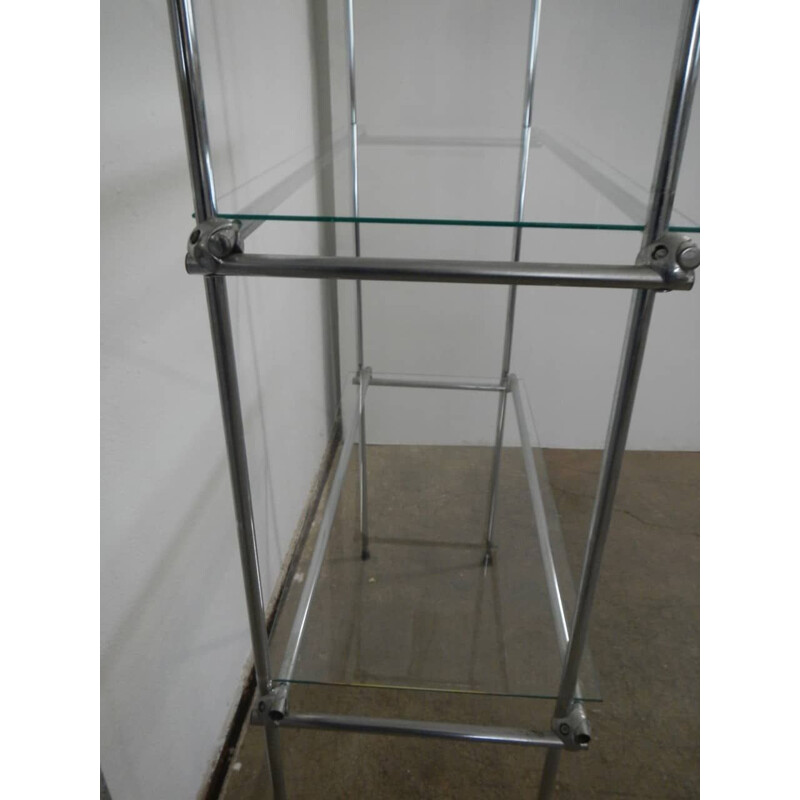 Vintage large shelf with double structure in chromed iron and 8 glass shelves