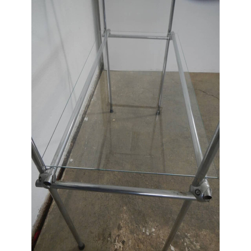 Vintage large shelf with double structure in chromed iron and 8 glass shelves