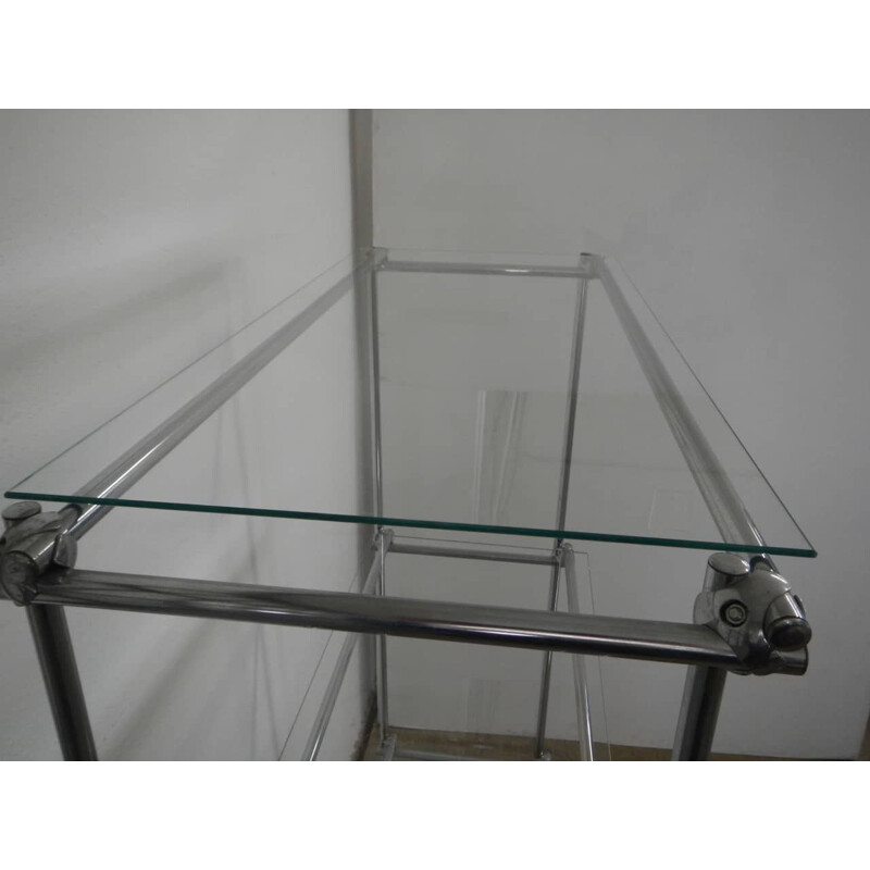 Vintage large shelf with double structure in chromed iron and 8 glass shelves