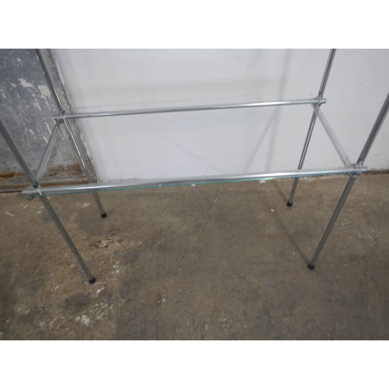 Vintage large shelf with double structure in chromed iron and 8 glass shelves