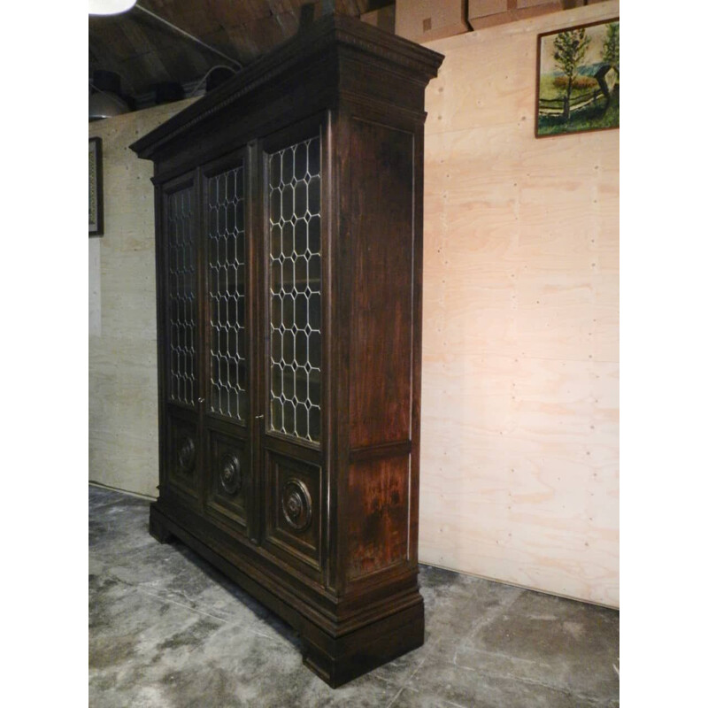 Vintage walnut wall bookcase with 3 glass doors