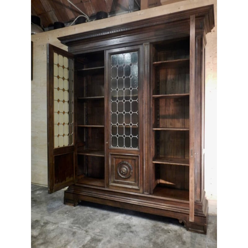 Vintage walnut wall bookcase with 3 glass doors