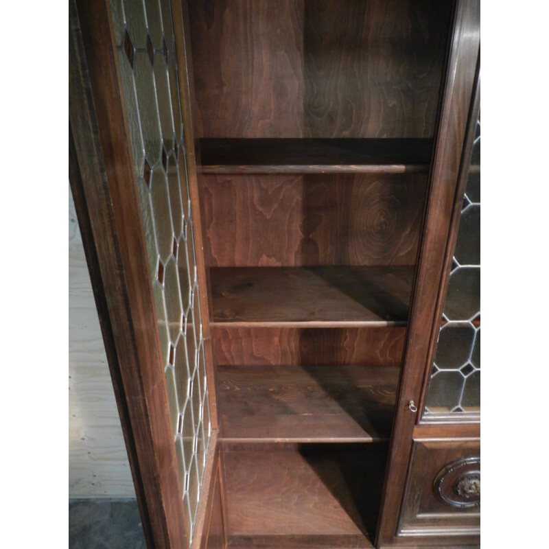 Vintage walnut wall bookcase with 3 glass doors