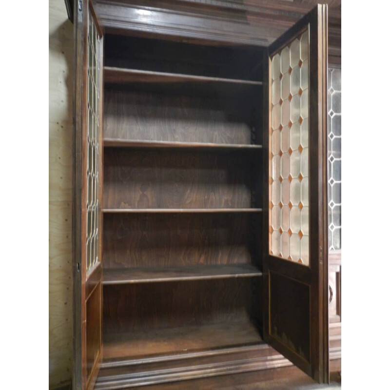 Vintage walnut wall bookcase with 3 glass doors