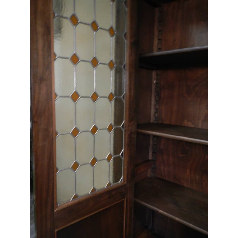 Vintage walnut wall bookcase with 3 glass doors