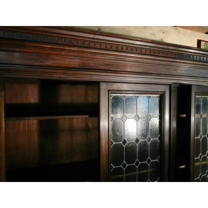 Vintage walnut wall bookcase with 3 glass doors