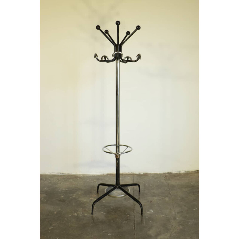 Vintage floor coat rack with chrome and colored metal umbrella stand