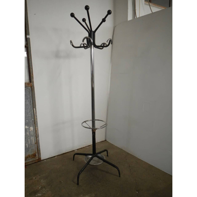 Vintage floor coat rack with chrome and colored metal umbrella stand