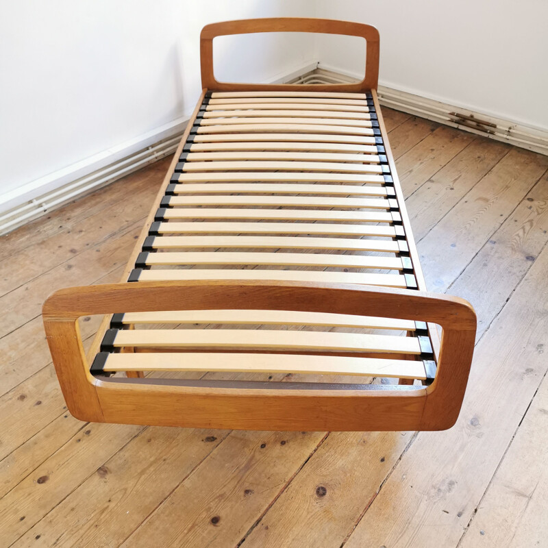 Vintage bed in blond oak by J Hauville for Bema 1959s