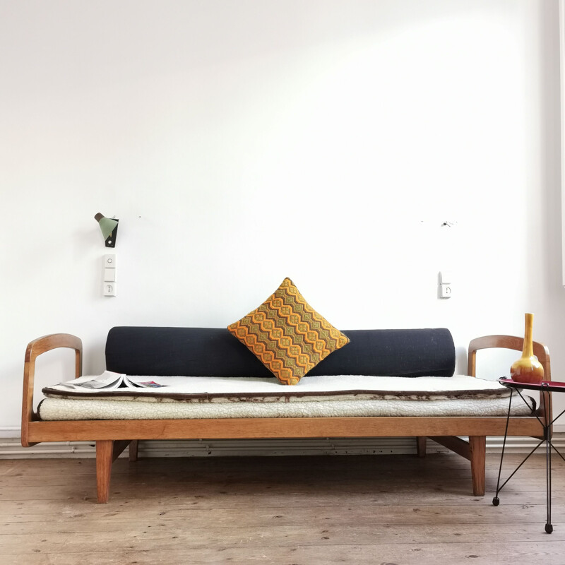 Vintage bed in blond oak by J Hauville for Bema 1959s