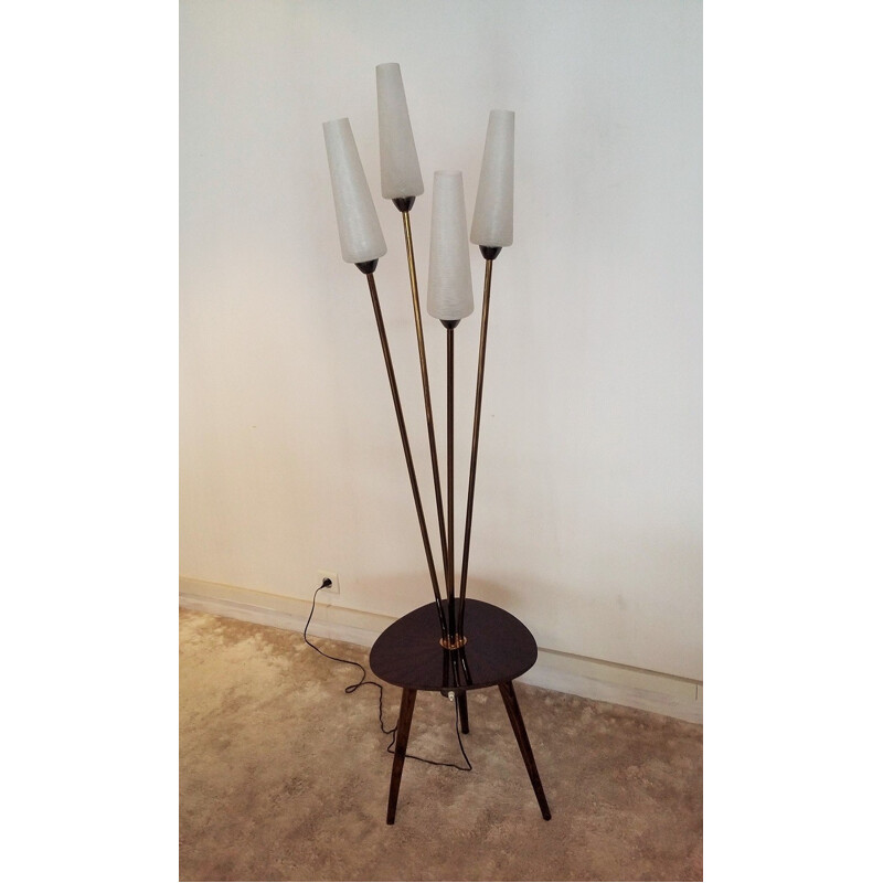 Mid-century tripod floor lamp in brass and wood - 1950s