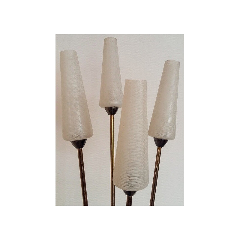 Lampadaire tripode vintage en bois et laiton - 1950