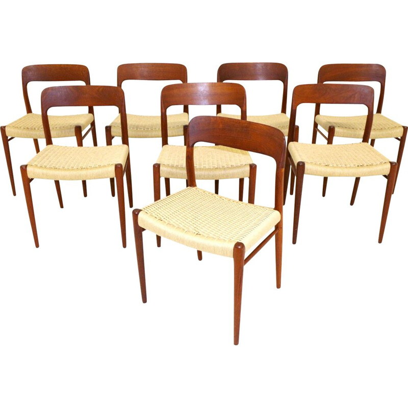 Set of 8 vintage teak chairs, Model 75 by Niels O Moller, Denmark 1975s