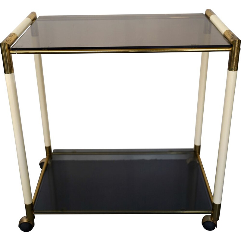 Vintage bar cart with 2 shelves in brass and lacquer by Tommaso Barbi Italy 1970s