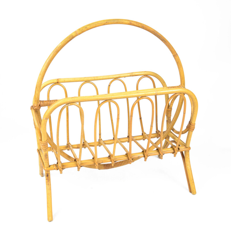 Vintage Rattan Newspaper Rack  Milo Baughman Belgium 1960s