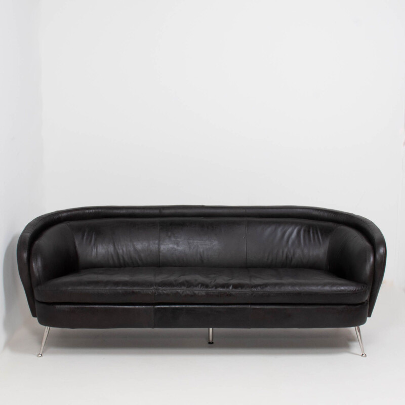 Vintage zwart lederen sofa Italië 1960