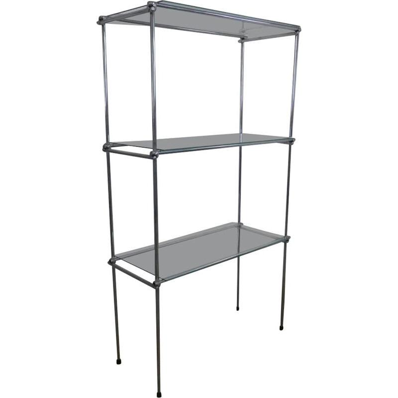 Vintage large shelf with double structure in chromed iron and 8 glass shelves