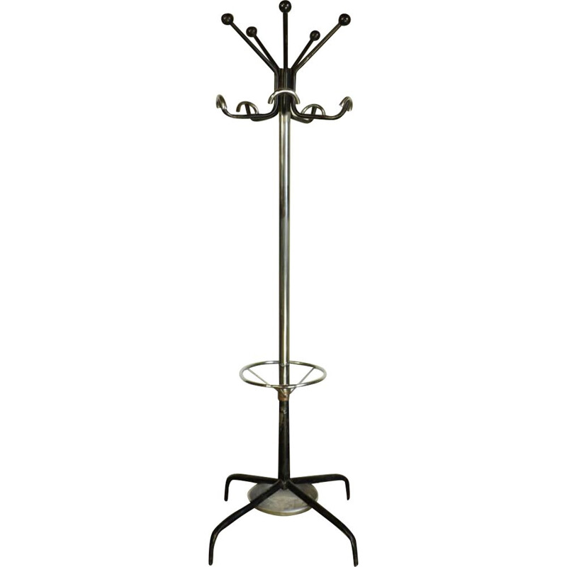 Vintage floor coat rack with chrome and colored metal umbrella stand