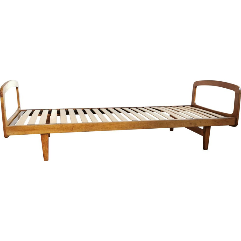 Vintage bed in blond oak by J Hauville for Bema 1959s