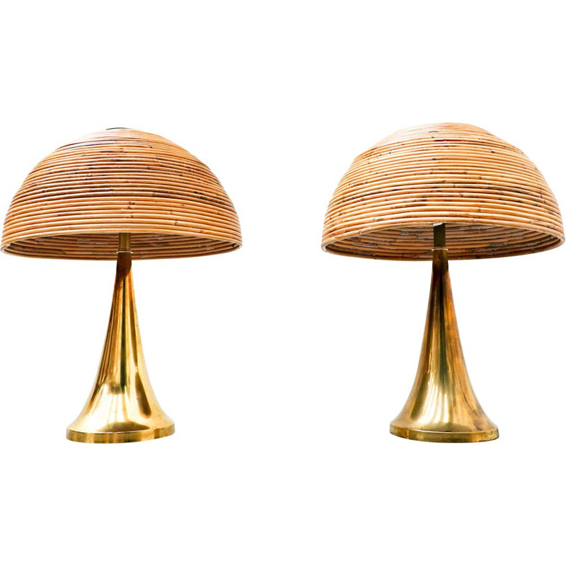Paire de lampes de table vintage en laiton et bambou, Italie