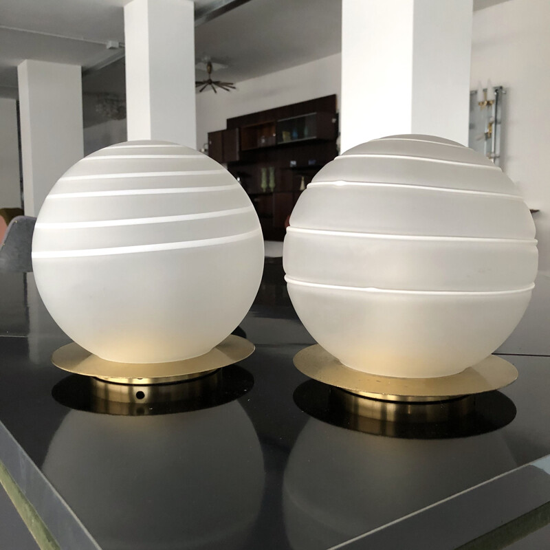 Pareja de lámparas de mesa vintage de latón y cristal de Murano 1970