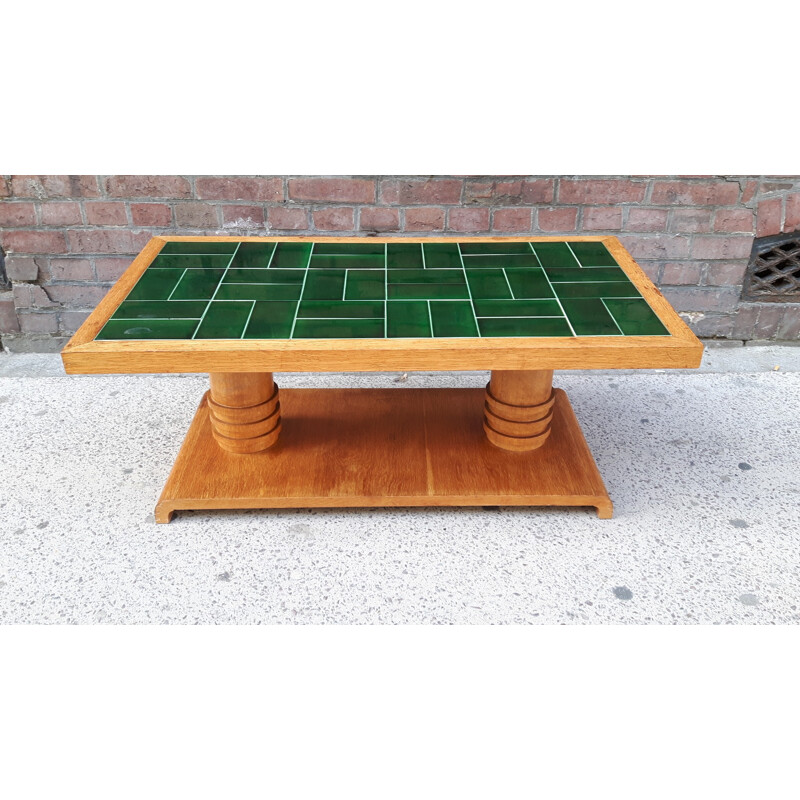 Coffee table in oakwood and green ceramic, GUILLERME and CHAMBRON - 1950s