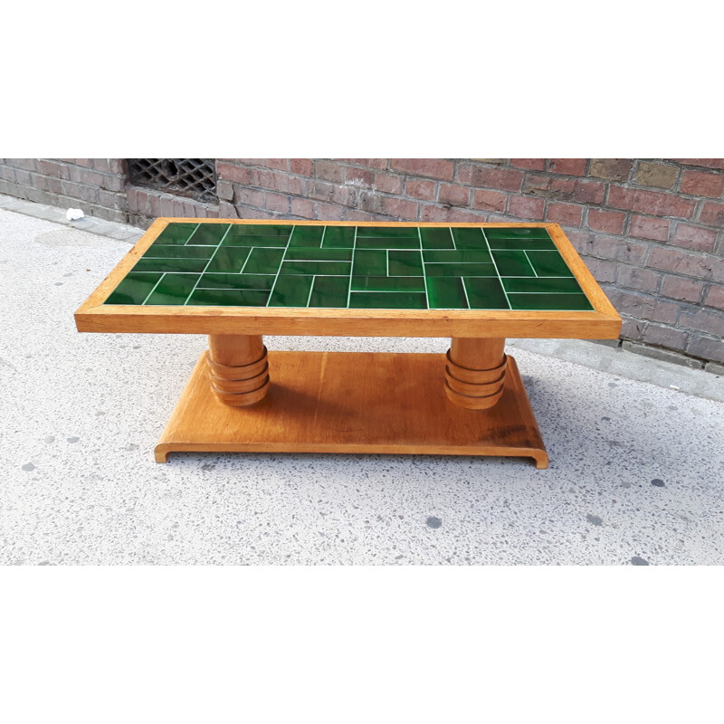 Coffee table in oakwood and green ceramic, GUILLERME and CHAMBRON - 1950s