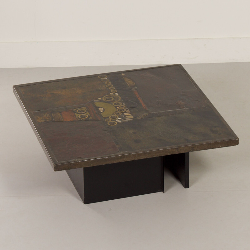 Table basse vintage brune avec mosaïque par Paul Kingma, 1979