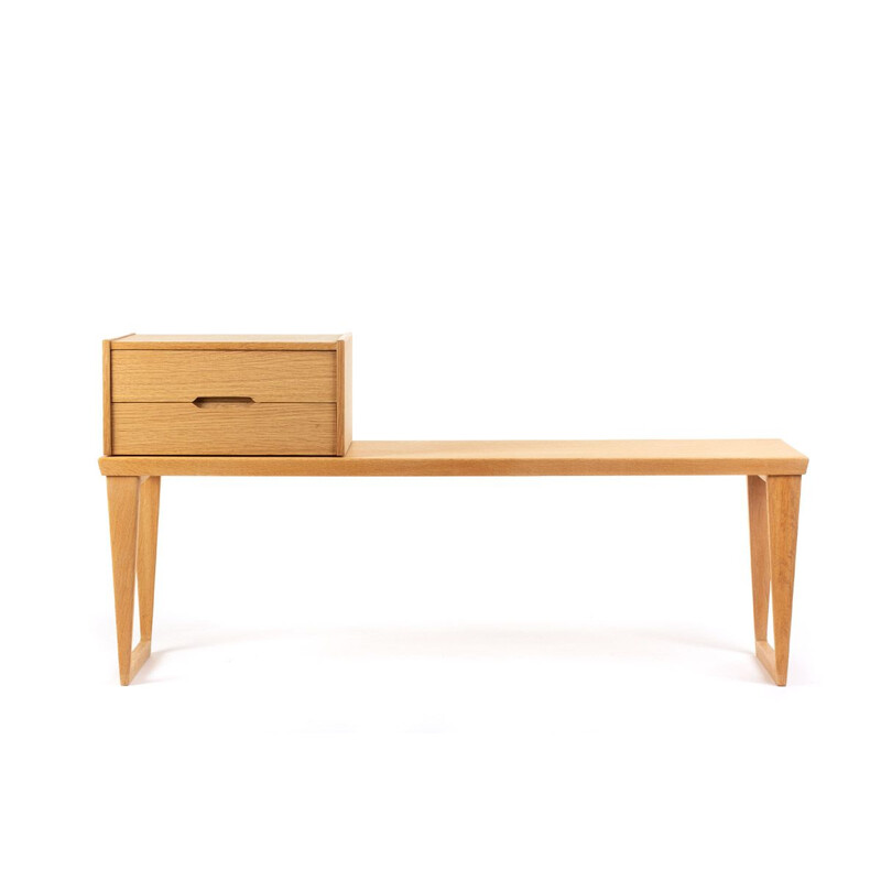 Vintage mid century Kai Kristiansen light oak side table with small cabinet, Denmark 1960's