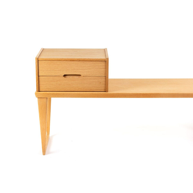 Vintage mid century Kai Kristiansen light oak side table with small cabinet, Denmark 1960's