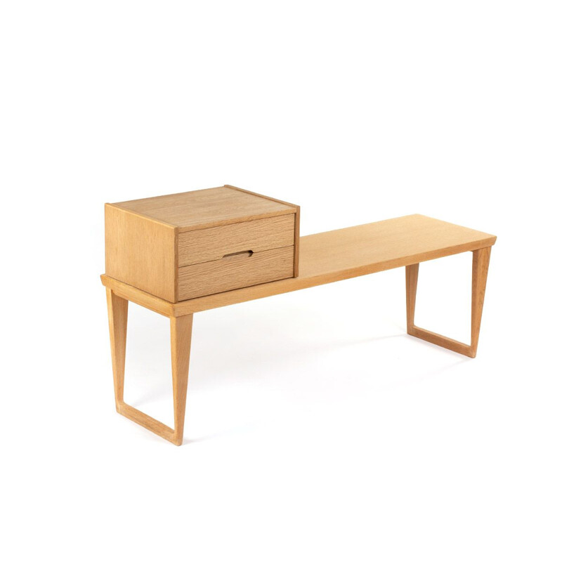 Vintage mid century Kai Kristiansen light oak side table with small cabinet, Denmark 1960's