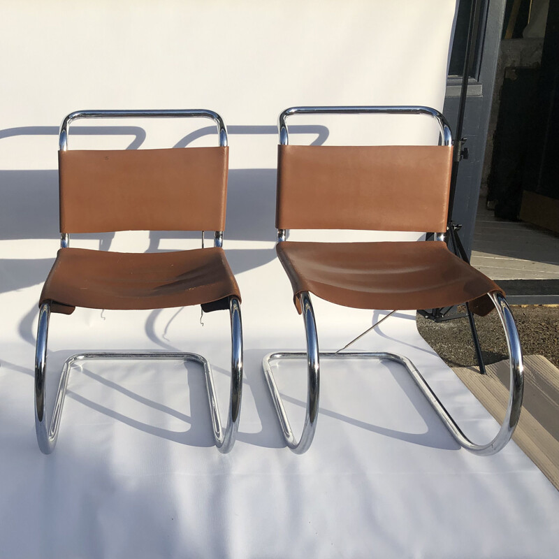 Pair Of Ludwig Mies Van Der Rohe MR10 Leather And Chrome Dining Chairs